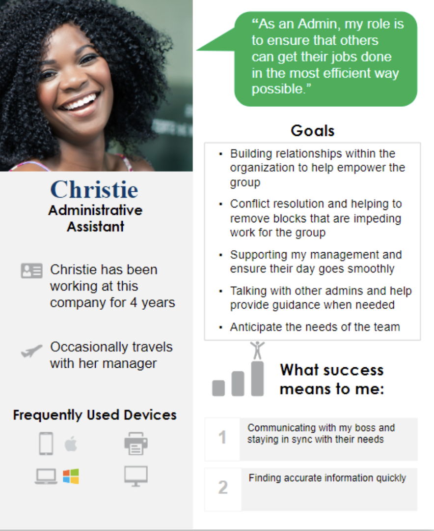 Sample of the administrative assisstant persona. It includes goals, success measures, travel frequency, and frequently used devices.